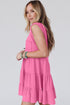 Bright Pink Waffle Textured Button Round Neck A-line Tiered Sleeveless Dress